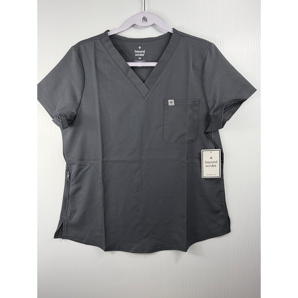 Beyond Scrubs Phoenix V-Neck Top Med Pewter Gray Zipper Pocket Eco Blend Uniform
